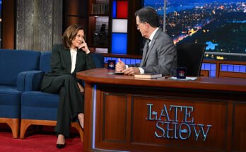 The Late Show with Stephen Colbert and guest Vice President Kamala Harris during Thursday’s July 31, 2025 show. Photo: Scott Kowalchyk ©2025 CBS Broadcasting Inc. All Rights Reserved.