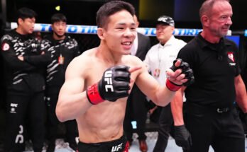 LAS VEGAS, NEVADA - 17 de mayo: el Parque Hyunsung en Corea del Sur reacciona después de una victoria contra Carlos Hernández en una pelea de peso durante la noche de combate de UFC en UFC Apex el 17 de mayo de 2025 en Las Vegas, Nevada. (Foto de Jeff Bottari / Zuffa LLC)