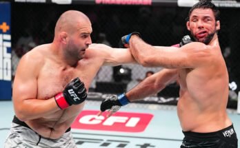 Abu Dhabi, Emiratos Árabes Unidos - 26 de julio: (LR) Martin Buday de Eslovaquia golpea a Marcus Buchecha du Brasil en una pelea de peso pesado durante el evento de la noche de lucha de UFC en Etihad Arena el 26 de julio de 2025 en Abu Dhabi, Emirates Árabes Unidos. (Foto de Chris Unger / Zuffa LLC)