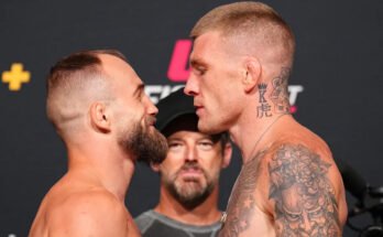 Las Vegas, Nevada - 01 de agosto: (LR) Los opositores de Mateusz Rebecki de Polonia y Chris Duncan, de Escocia, compiten durante el peso de la noche de combate UFC en el APEX UFC el 01 de agosto de 2025 en Las Vegas, Nevada. (Foto de Chris Unger / Zuffa LLC)