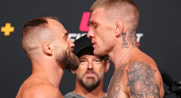 Las Vegas, Nevada - 01 de agosto: (LR) Los opositores de Mateusz Rebecki de Polonia y Chris Duncan, de Escocia, compiten durante el peso de la noche de combate UFC en el APEX UFC el 01 de agosto de 2025 en Las Vegas, Nevada. (Foto de Chris Unger / Zuffa LLC)
