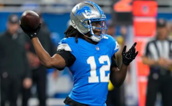 Archivo: el Quarterrier de Detroit Lions, Teddy Bridgewater (12), lanza contra los comandantes de Washington durante la primera mitad de un partido de los clasificatorios de fútbol de la NFL el sábado 18 de enero de 2025 en Detroit. (AP Photo / Seth Wenig, archivo)