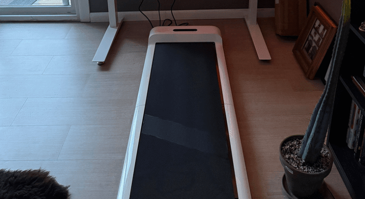 Vista frontal del C2 Mini-Tapis Rolling White Rolling Tapis mientras está parcialmente bajo una oficina de trabajo elevada