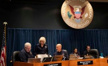 Los miembros de la Junta Nacional de Seguridad del Transporte se expresan ante una audiencia que investiga la colisión del aire abierto de enero entre un avión regional de American Airlines y un helicóptero Black Hawk del ejército estadounidense cerca del aeropuerto nacional de Ronald Reagan Washington.