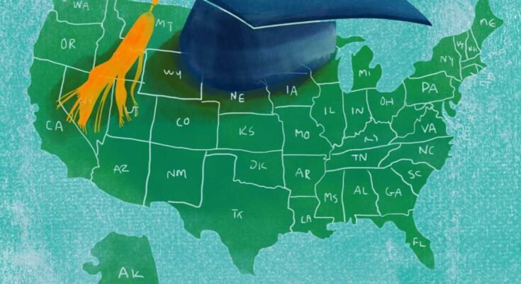 Un mapa de los Estados Unidos con un techo de graduación.