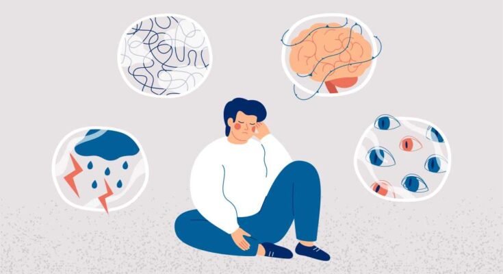Esta ilustración muestra a una persona sentada en el piso con la cabeza apuntando ligeramente hacia abajo y los ojos cerrados. Cuatro "Burbujas de pensamiento" Flota alrededor de la cabeza de la persona. Tenemos muchos ojos. Tenemos un cerebro. Tenemos líneas onduladas y tenemos una nube, gotas de lluvia y rayos.