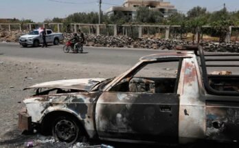 Se considera que un punto de control de seguridad sirio es fuerzas desplegadas en el pueblo de Mazraa en las afueras de la ciudad de Sweida, en el sur de Siria.