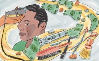 Ayuda en Cash Falls del cielo y se convierte en materiales utilizados en una peluquería.