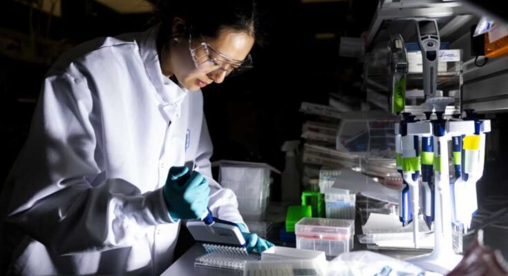 Un investigador trabaja en el laboratorio de la oficina central de Moderna Inc. en Cambridge, Massachusetts. Moderna ha trabajado para desarrollar vacunas utilizando la tecnología ARNm. A principios de este año, la administración Trump obtuvo cientos de millones de dólares comprometidos en el apoyo del fabricante de la investigación en vacunas contra la influenza y esta semana, canceló $ 500 millones adicionales en varias instituciones que buscan vacunas de ARNm.