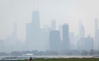 La gente se estremece en la hierba frente al lago en el lado norte como una niebla de los bosques fumadores canadienses en la región de Chicago y crea mala calidad del aire el jueves 31 de julio de 2025.