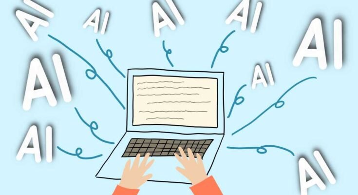 Un par de manos que escriben en un teclado portátil, rodeado por el texto flotante