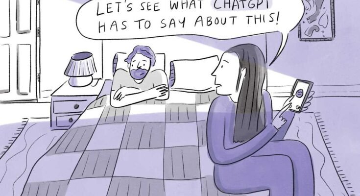 En esta ilustración, un hombre está acostado a un lado de una cama, con la cabeza encajada sobre una almohada. Una mujer se sienta al otro lado de la cama, cerca del pie de la cama. Ella sostiene su teléfono con una mano y lo señala con su otra mano. A través de una burbuja de comentarios, dice ella, "¡Veamos qué tiene que decir Chatgpt sobre esto!"