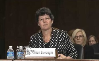 En esta captura de pantalla, Allison Burroughs se sienta en una mesa equipada con un micrófono durante su audiencia de confirmación del Senado en 2014 para convertirse en un juez de distrito estadounidense.