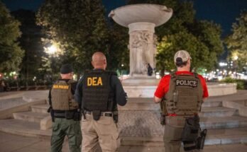 Los agentes de la Agencia de Aplicación de Drogas (DEA) están lanzando la custodia en DuPont Circle como parte de un despliegue federal de la ley en la capital nacional el 10 de agosto en Washington, DC